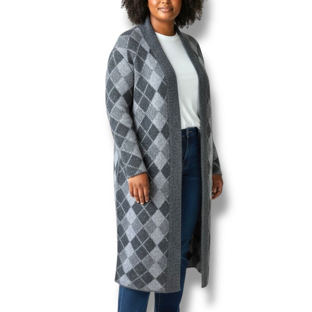 Joseph A Size 1X Gray Argyle Knit Cardigan Sweater Coat Preppy Coatigan